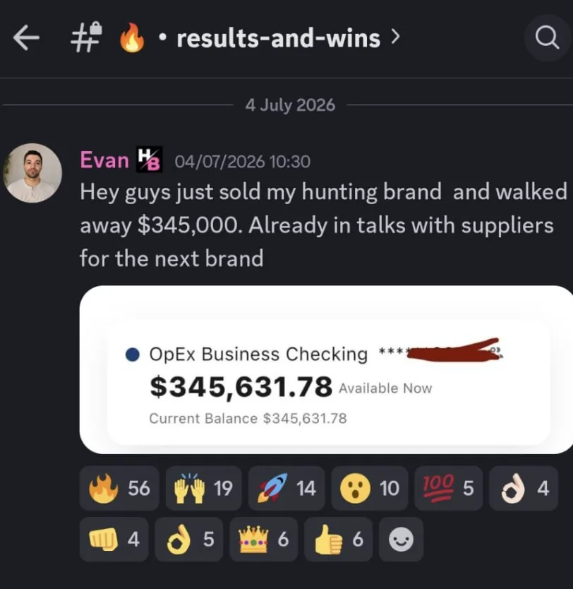 Evan's community post recording the sale of his hunting brand